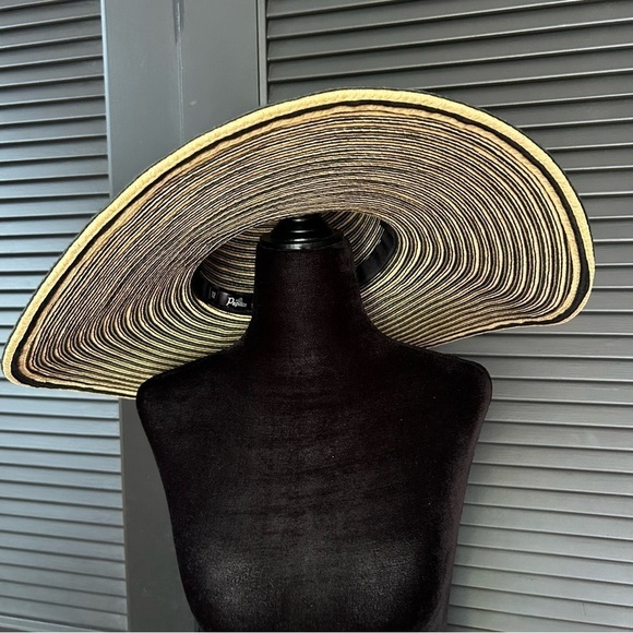 Papillon Extra Wide Brim Striped Sun Hat in Black and Tan, 100% Paper, OS - Picture 5 of 16
